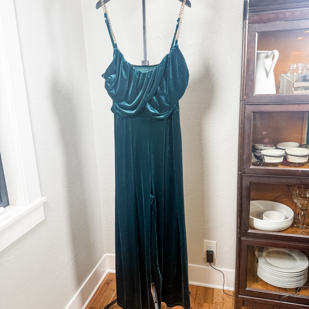 Cider Emerald Green Velvet Jumpsuit with Draped Bust and Chain Straps